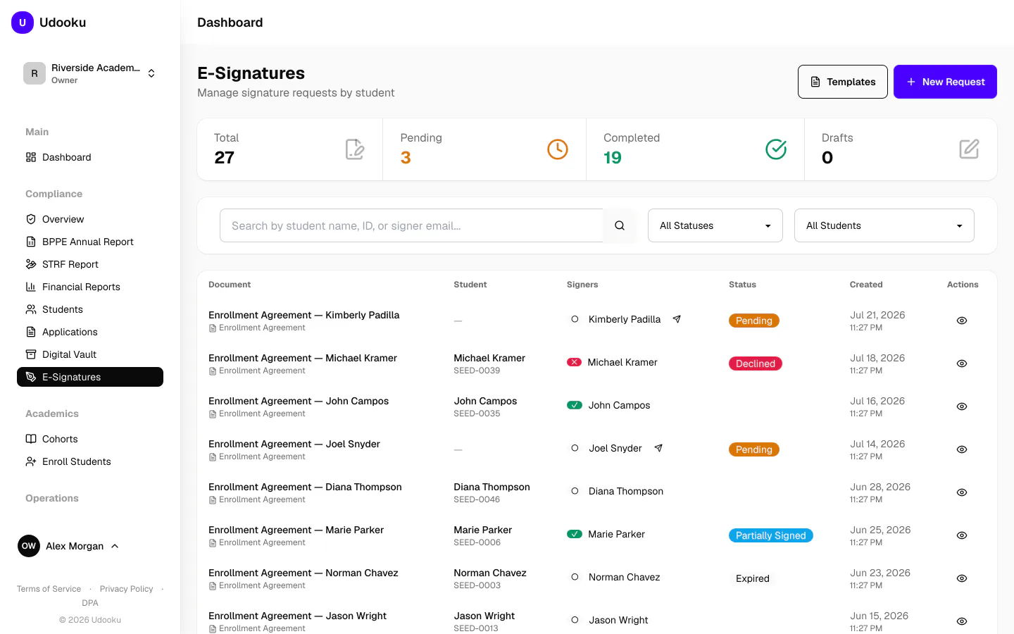 Udooku e-signature workflow for enrollment agreements