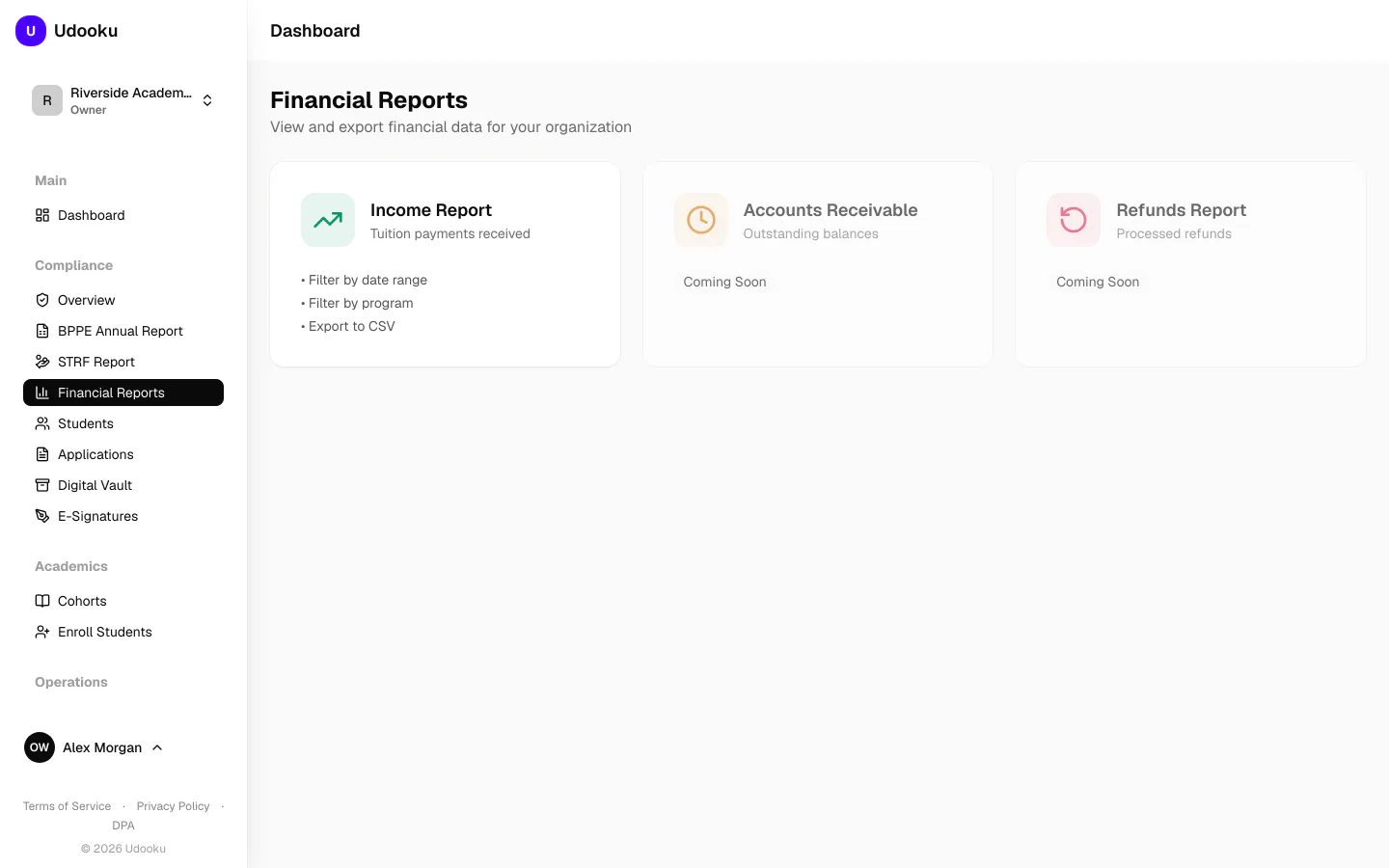 Udooku financial reports showing tuition collected and outstanding balances