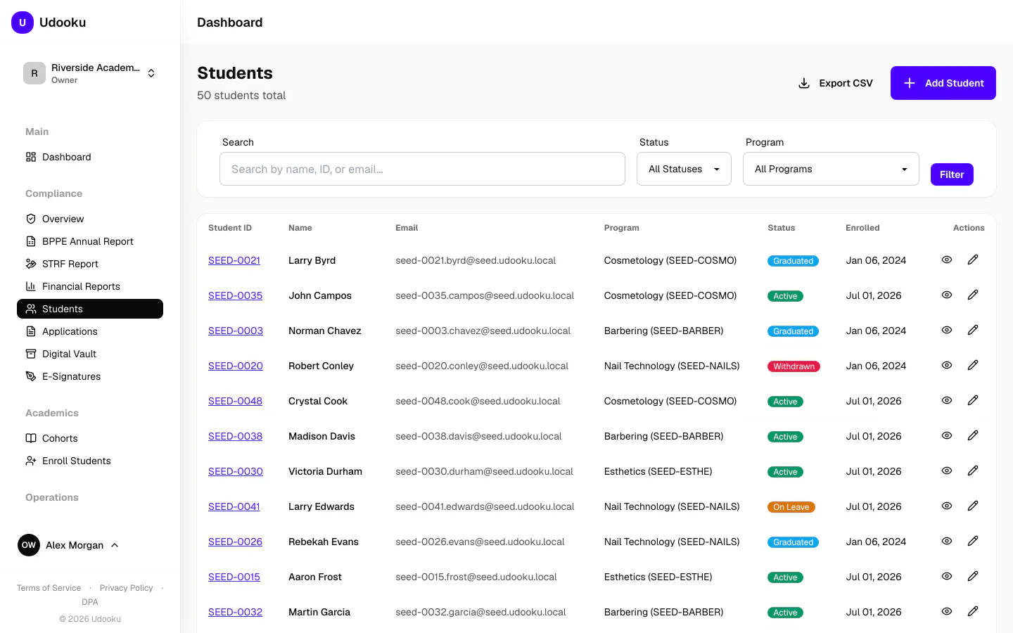 Udooku student roster with lifecycle statuses from prospective to active