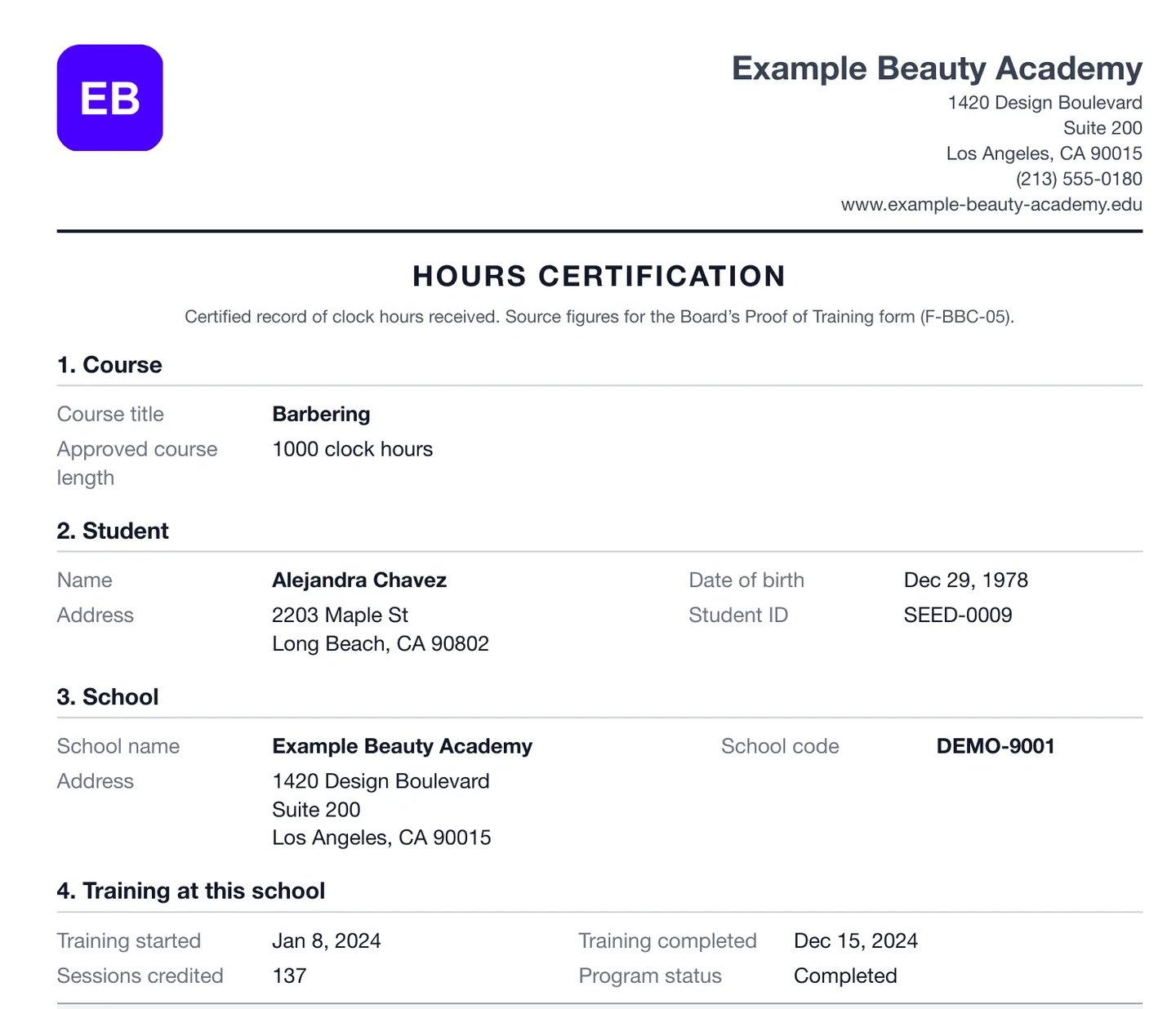 The hours certification Udooku prints for a made-up barbering graduate: course, student, school, and the training dates and hours the Board’s Proof of Training form asks for