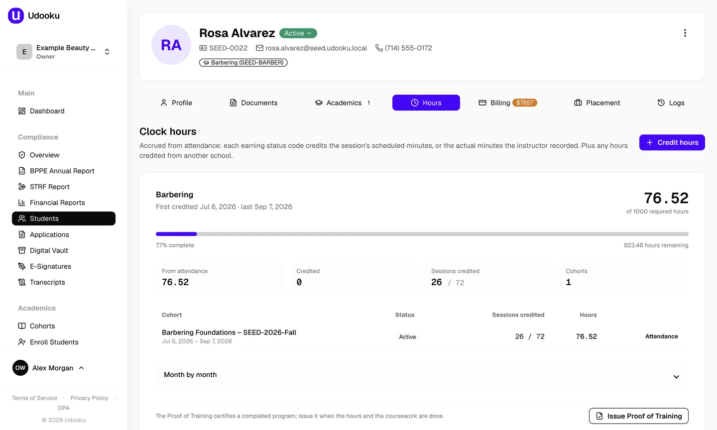 A barbering student’s Hours tab in Udooku, showing 76.52 of 1,000 required clock hours accrued from attendance, the sessions credited and an Issue Proof of Training button